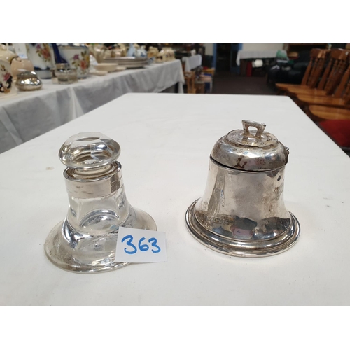 363 - Silver Hallmarked Inkwell (no liner) along with Glass Inkwell with Glass Stopper & Silver Hallmarked... 