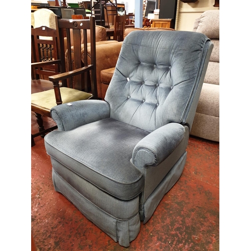 483 - Parker Knoll Blue Fleck Pattern Manual Reclining Arm Chair.