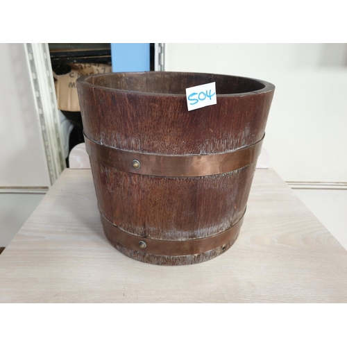 504 - Wooden Barrel, Copper Banded Plant Holder.