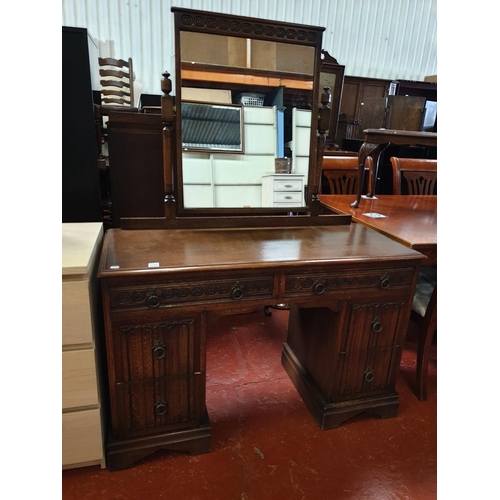 528 - Oak Linen Fold Dressing Table With Single Mirror.