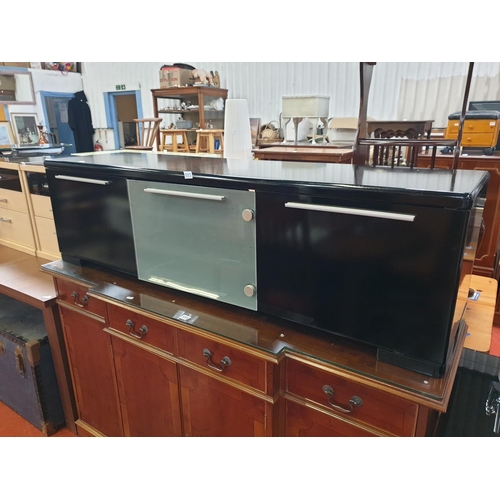 533 - Black Gloss Effect TV Stand - Two Black Glass Doors, One Frosted Glass Centre Door.