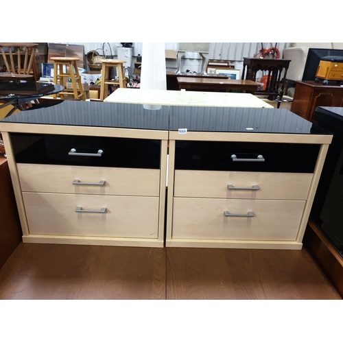 535 - Pair of Oak Effect & Black Gloss Finished 3 Drawer Bedside Cabinets with Glass Tops.