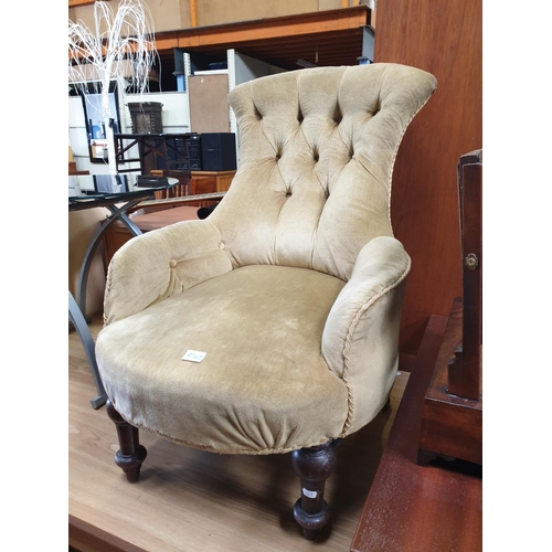 542 - Vintage Button Back Upholstered Nursing Chair on Mahogany Legs.