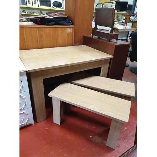 544 - Modern Oak Effect Kitchen Table and Two Benches.