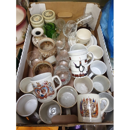 59 - Box of Commemorative Mugs, Cut Glass Glasses etc.