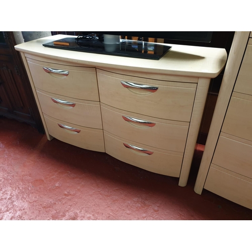 594 - Modern Beech Effect Six Drawer, Double Bow Front, Chest of Drawers.