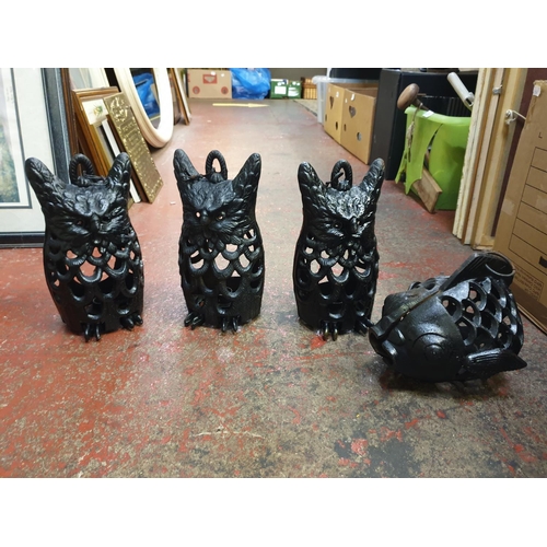 60 - Three Heavy Cast Owls & Cast Fish Candle Holders.