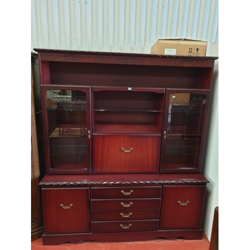 611 - Large Glazed Top Mahogany Wall Unit with Drop Down Drinks Cabinet Centre Over 4 Drawers & Two Cupboa... 