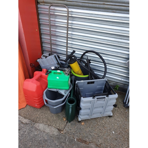 625 - Quantity of Buckets, Petrol Cans, Folding Wheeled Boxes etc.