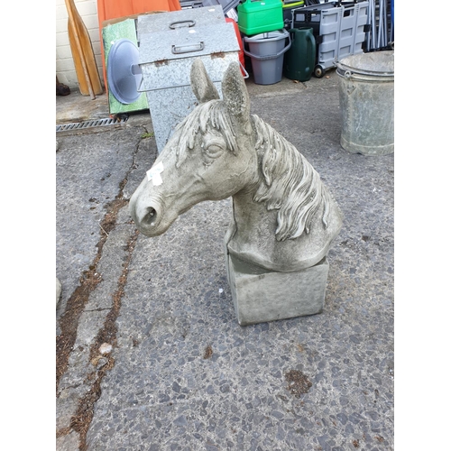 628 - Concrete Horses Head on Plinth.