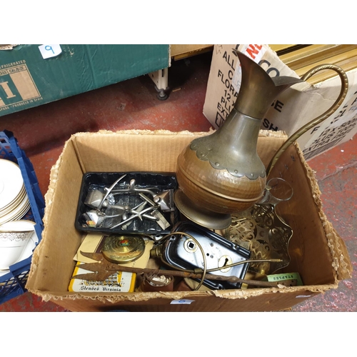 8 - Box to Include Large Copper Jug, Brass Ware, Vintage Clippers etc.