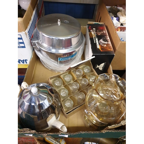 9 - Box to Include Sadler Teapot, New Brass Based Candle Lantern, NEW Boxed Glasses, NEW Pressure Cooker... 