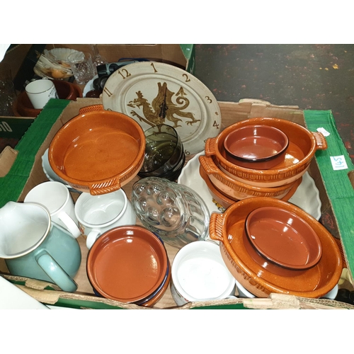 145 - Box of Oven Dishes, Glass Jelly Mould, Welsh Clock Plate etc.