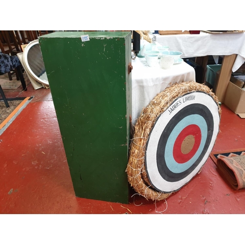 155 - Straw Archery Target Along with Bow & Arrow Wooden Case - Contains arrows & accessories (no bow).