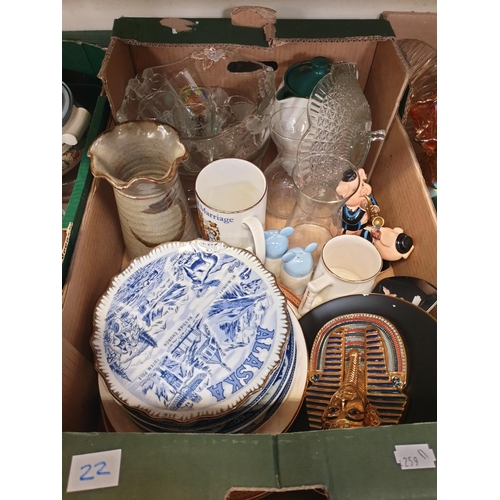 22 - Box of Glass Ware, Plates, Vase, Pig Figures etc.