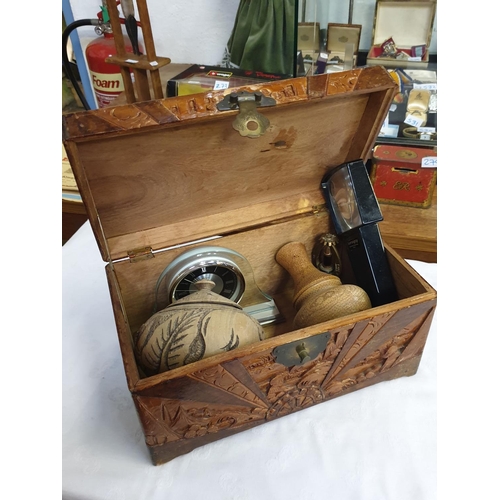 276 - Carved Wooden Oriental Box & Contents - Wooden Items, Mantle Clock etc.