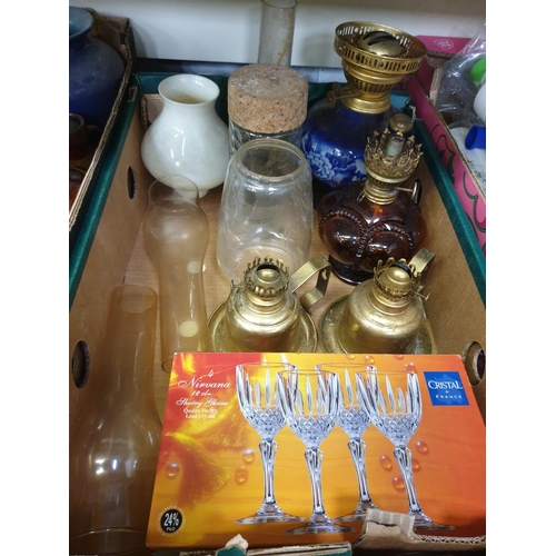 30 - Box of Oil Lamp Bases, Chimneys & Boxed Crystal Glasses Set.