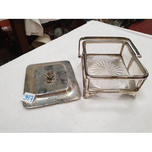 397 - Walker & Hall Glass Butter Dish with Plated Stand & Top.