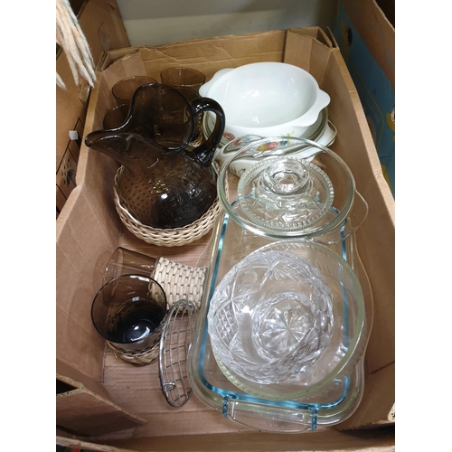 46 - Box of Glass Ware, Retro Style Ice Water Jug with Matching Glasses, Casserole Dishes etc.