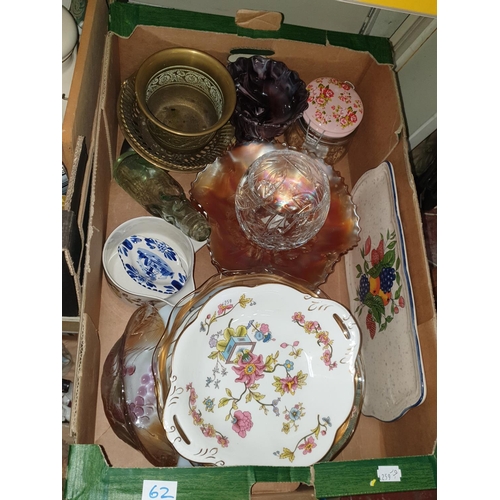 62 - Box of Assorted China, Carnival Glass, Brass Ware, Glass Bowls etc .