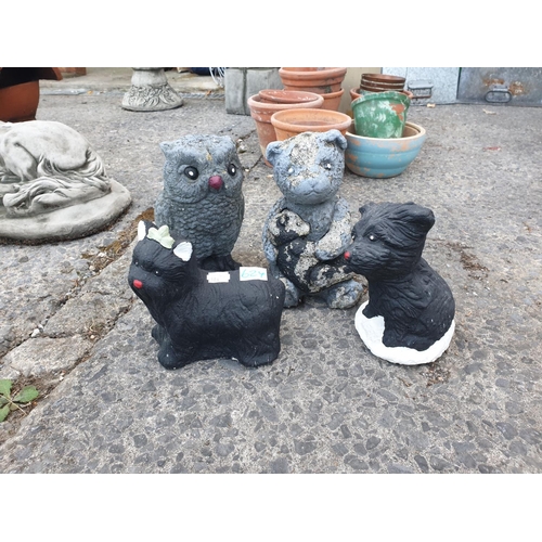 624 - Four Concrete Garden Ornaments - Two Dogs, Owl & Teddy Bear.