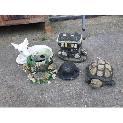 626 - Concrete Garden Tortoise, Caravan & Frog along with other Garden Figures.