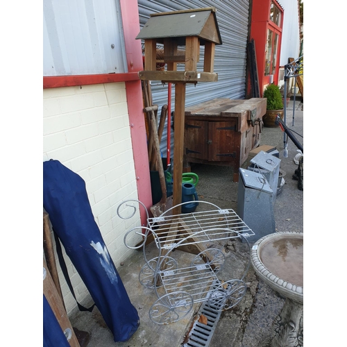 628 - Wooden Bird Table along with Metal Trolley Style Plant Stand.