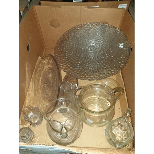 90 - Box of Glassware - Large Pressed Glass Punch Bowl, Ice Jug, Water Jug, Two Cake Stands & Six Further... 