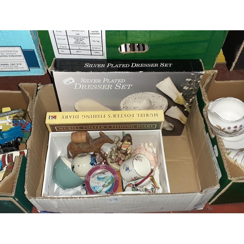 13 - Box to Include Fishing Diary, Plated Dresser Set & Other China.