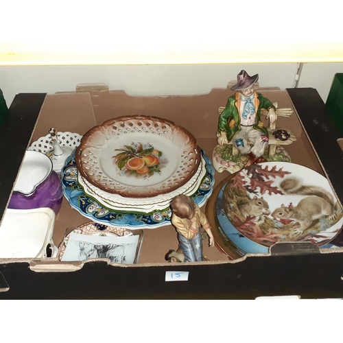 15 - Box of Assorted Plates, Figures & Jug.