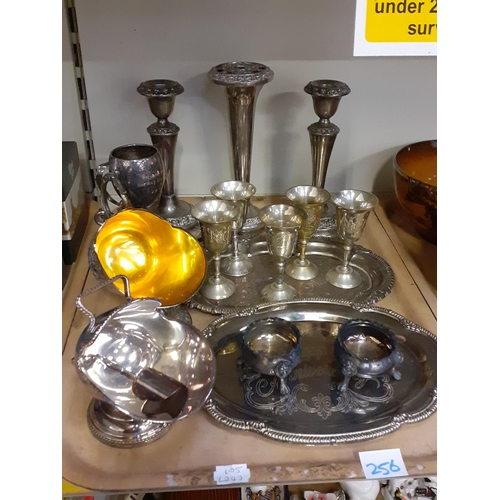 256 - Tray of Plated Ware Items Including Salt Cellars, Candle Holders etc.