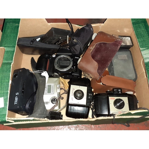 28 - Box of Cameras Including Kodak Brownie 127's, Nikon F60, Kodak Disc 3500, Olympus Trip S & Accessori... 