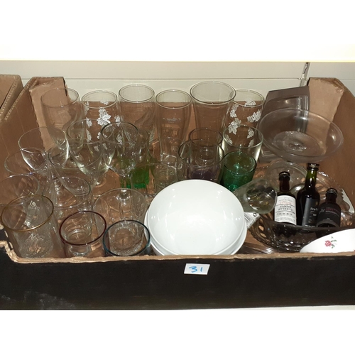 31 - Box of Glasses, Bowls & Miniature Bottles of Alcohol.