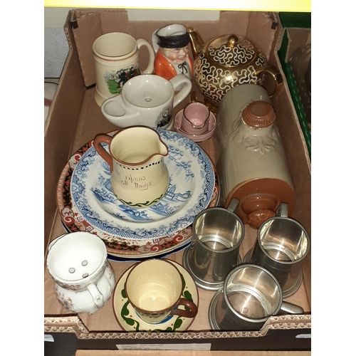 32 - Box of China, Plated Tankards, Plates Jugs etc.