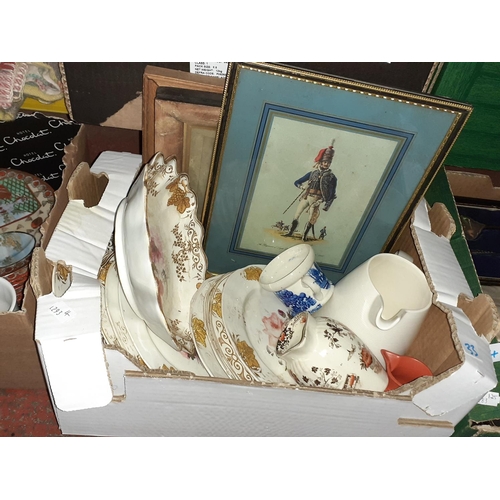 33 - Box of Assorted Plates, Framed Pictures & Jugs.