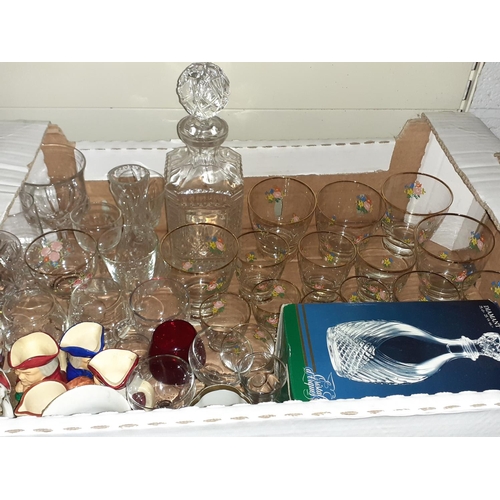 37 - Box of Glasses, Decanters, Miniature Character Jugs etc.