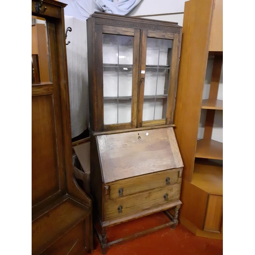 513 - Solid Oak Glazed Top Bureau Bookcase Over Two Drawers.