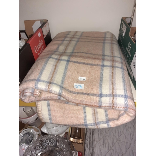 57 - Peach, Blue & Cream Checked Welsh Blanket.