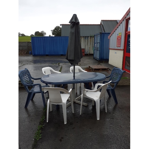 691 - Garden Patio Table, 2 Carver Chairs, Four Other Chairs, Umbrella and Stand.