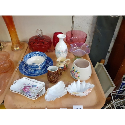 240 - Tray of Cranberry Glass, Vaseline Glass, China etc.