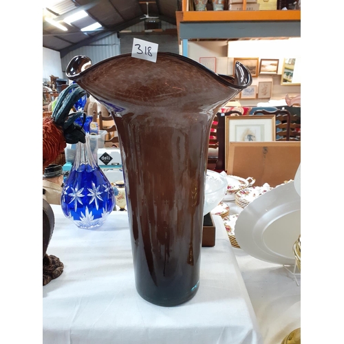 318 - Large Brown Wavy Rimmed Glass Vase.