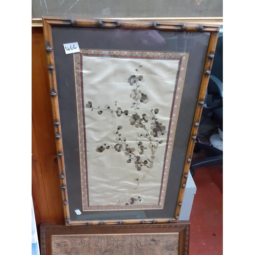 466 - Bamboo Effect Framed Oriental Silk Embroidery.