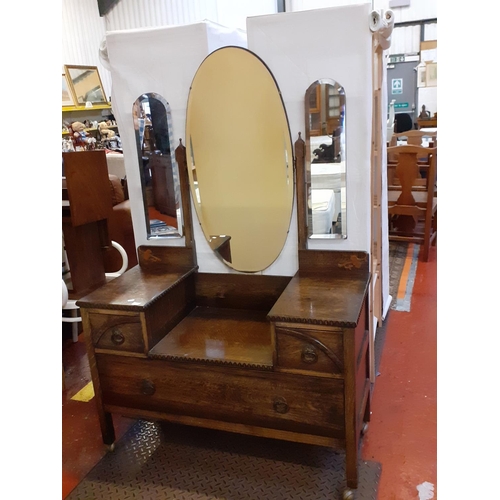 491 - Oak Multi Drawer Dressing Table with Triple Mirror.