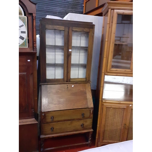 510 - Solid Oak Glazed Top Bureau Bookcase Over Two Drawers.