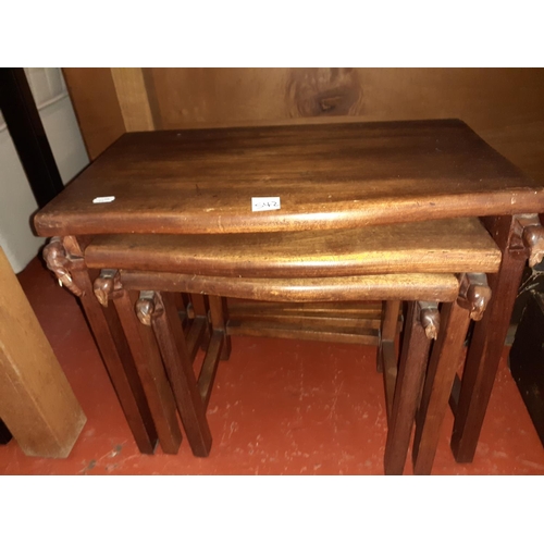 542 - Mahogany Nest of Three Tables - at fault, elephant head decals to front are broken on most .