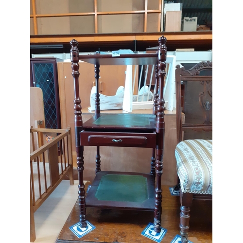 574 - Mahogany, Green Leather Inlaid 3 Tier Stand with Single Drawer.