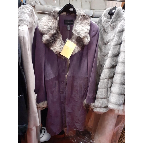 592 - Centigrade XL Ladies Purple Full Length Suede Coat with Faux Fur.