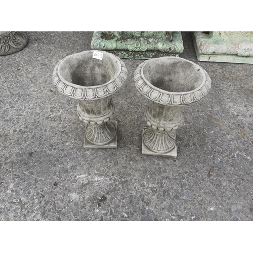 663 - Pair of Grecian Style Concrete Garden Urns - Approx 33cm Tall.