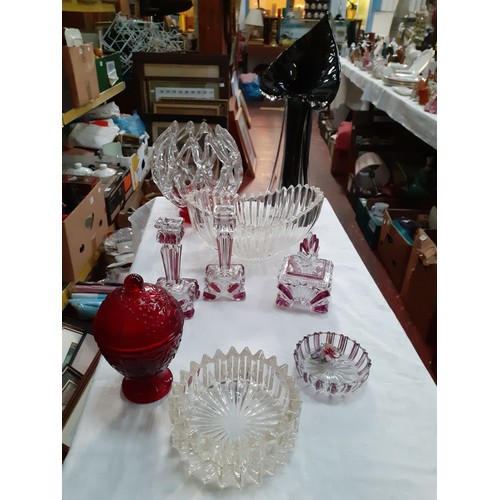 347 - Oval Hand Painted Wooden Tray of Glassware.