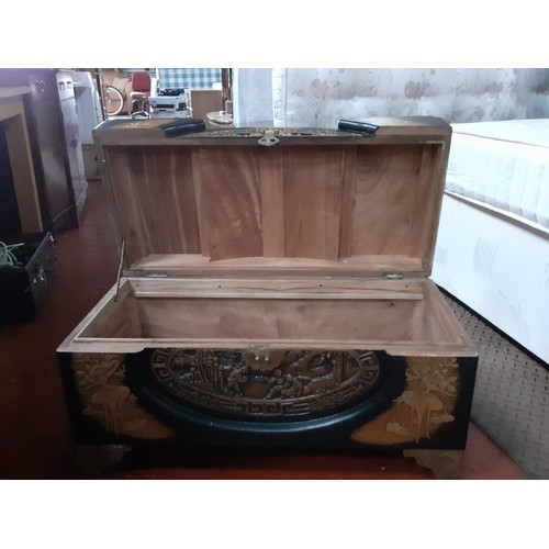 495 - Oriental Carved Wooden Blanket Box.